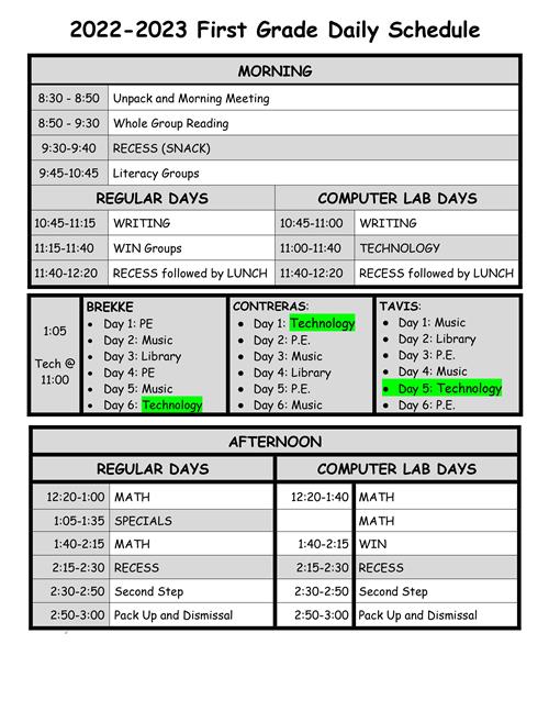 22-23 First Grade Daily Schedule